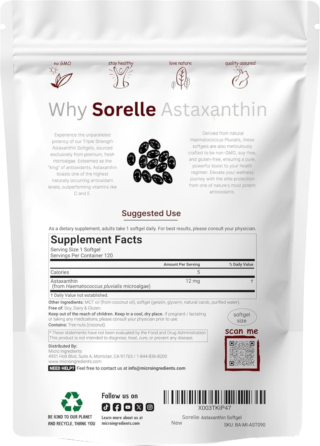 Sorelle Astaxanthin 12mg Softgels, 120ct